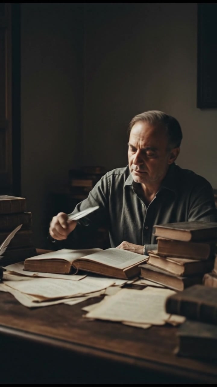 The Omar sitting at a desk, surrounded by books, looking thoughtfully at an open book.
