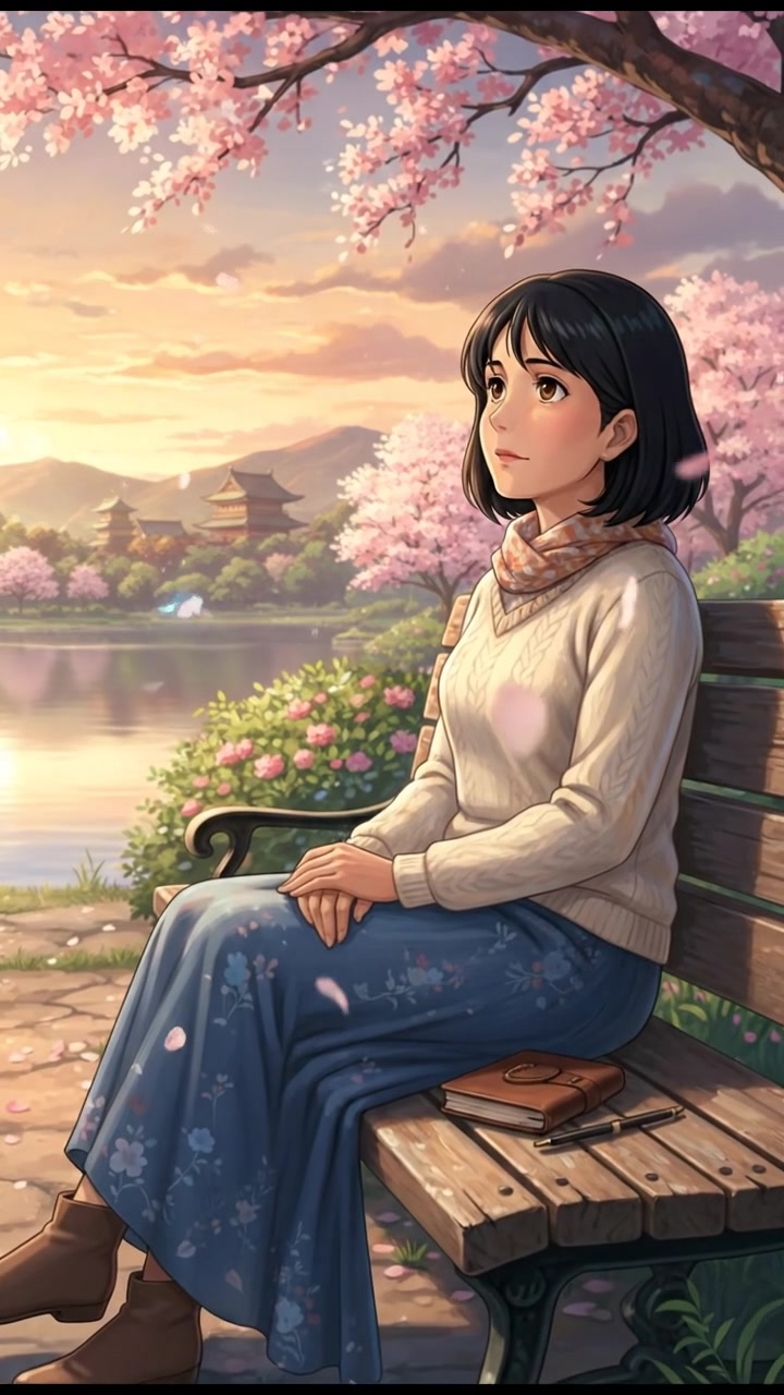 A serene setting with Li sitting on a bench, pensively gazing into the distance, reflecting on her thoughts.