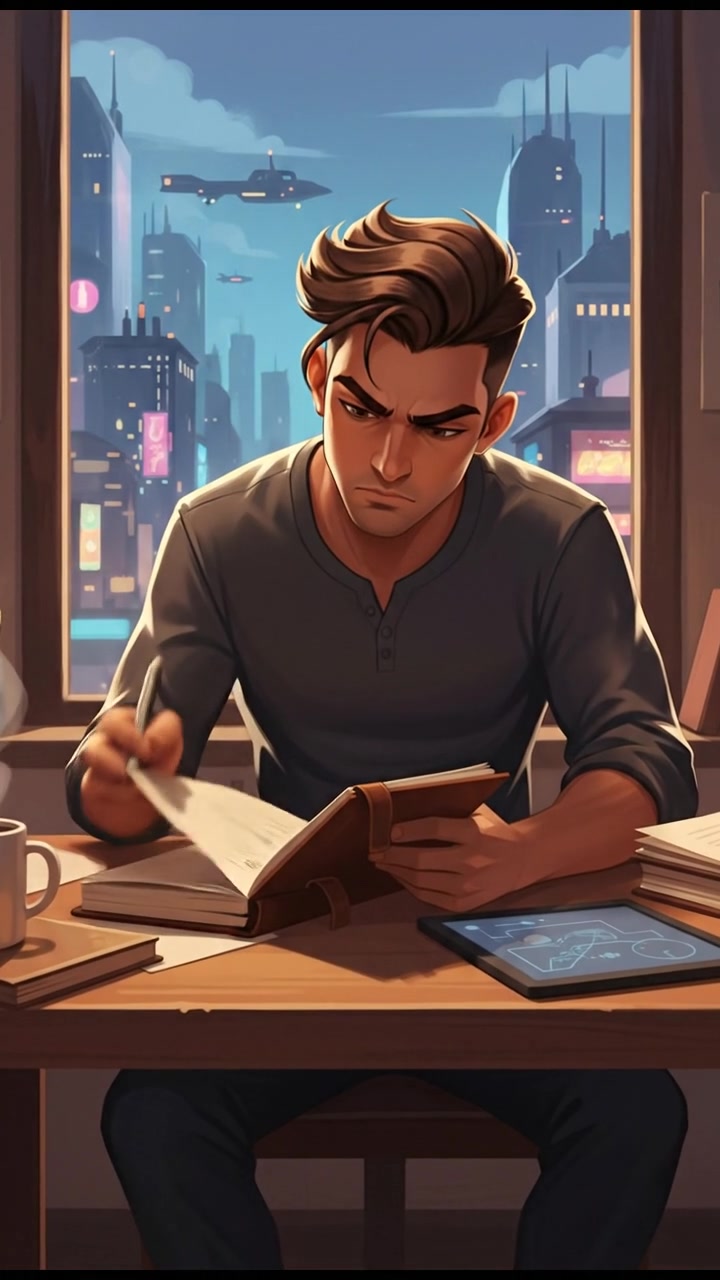 Arjun sitting at a desk writing in a journal with a focused expression.