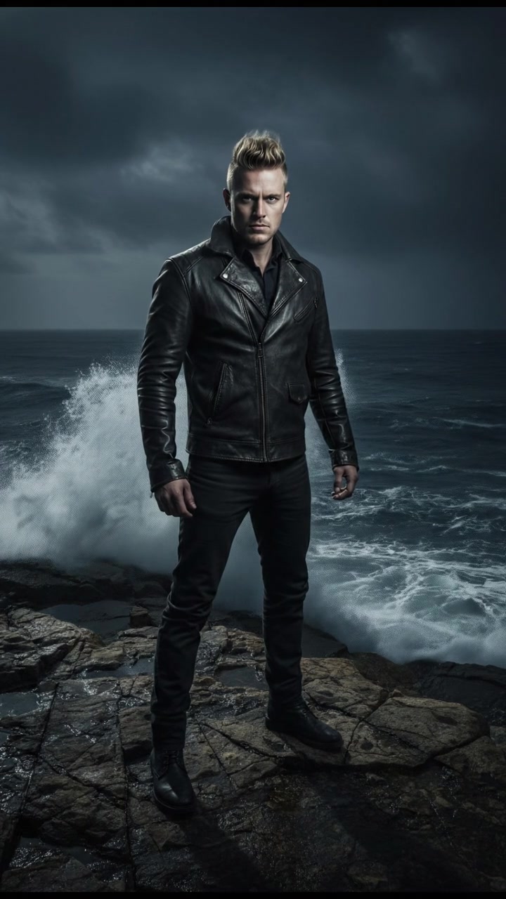 Ryan standing confidently on a rocky cliff, with a fierce look on his face and the sea crashing below.