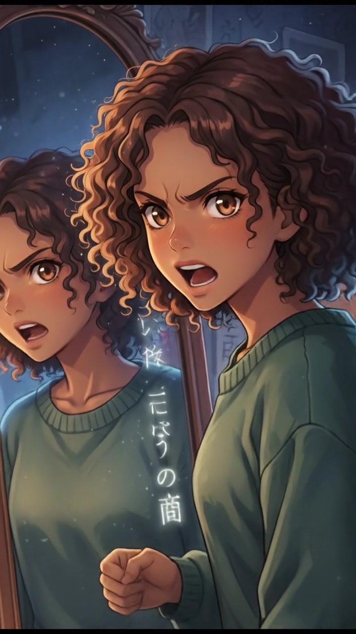 Nia, standing in a dimly lit room, whispers to herself in front of a mirror, her expression determined.