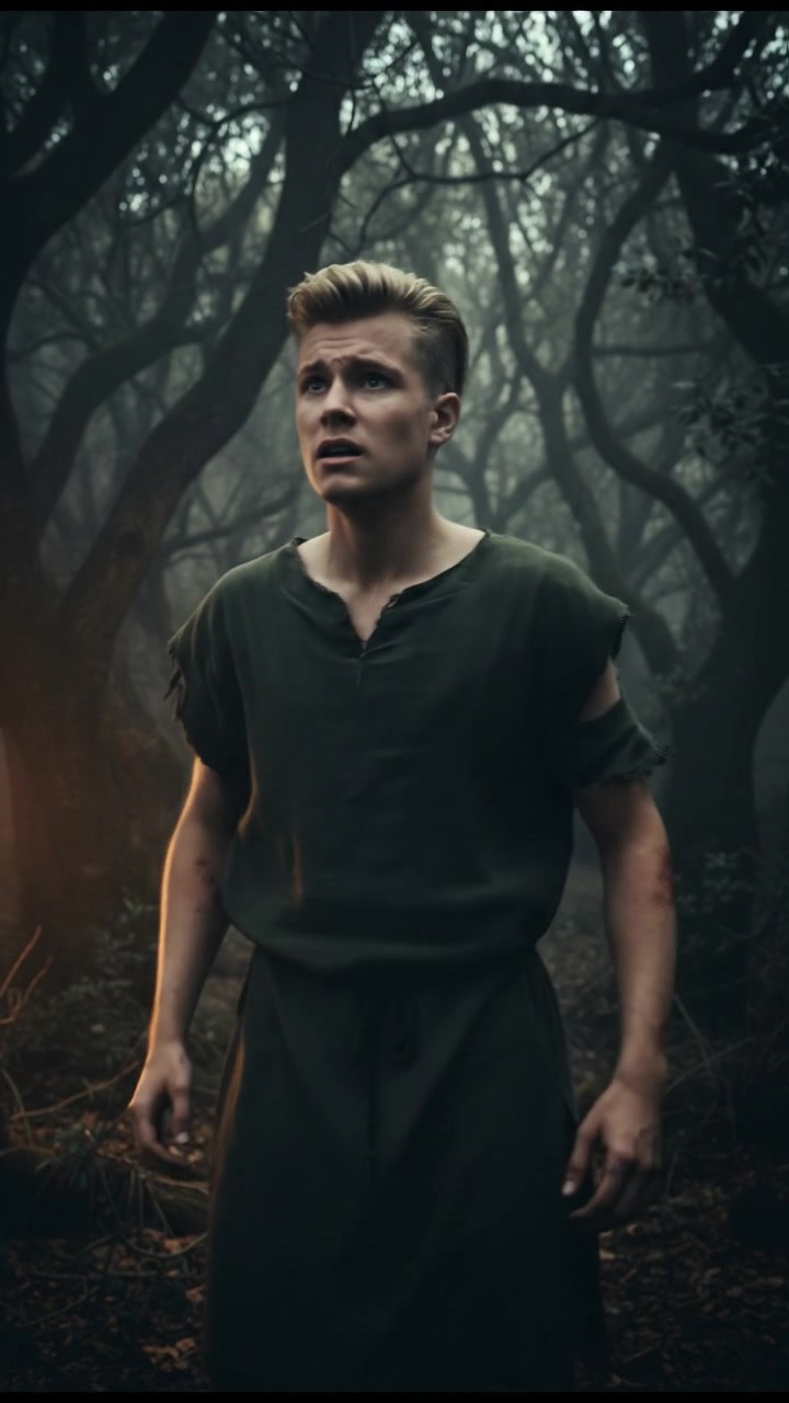 Ryan stands in a forest, holding his arm, with a pained expression on his face.