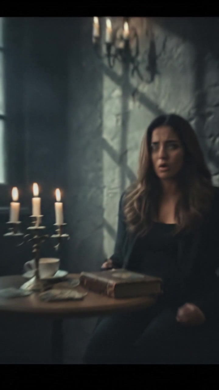 Priya sitting at a cafe table, swiftly turning off her mobile phone, with a surprised expression on her face.