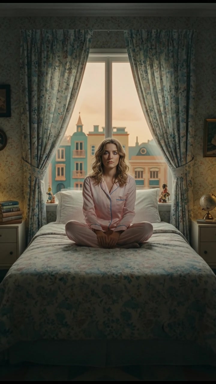 A dimly lit bedroom with Ashley sitting on the bed, looking thoughtfully out the window.