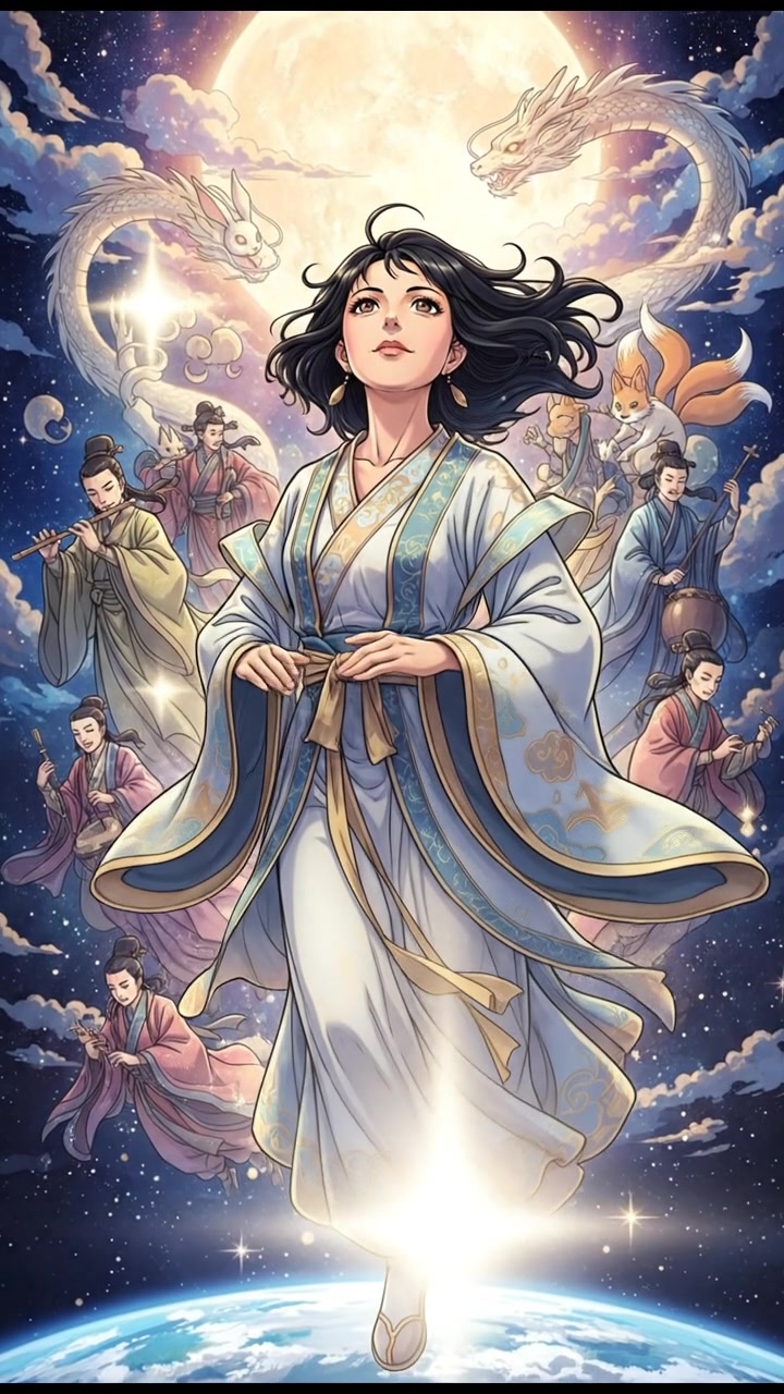 Li ascending back to the moon, surrounded by the celestial procession against a starry sky.