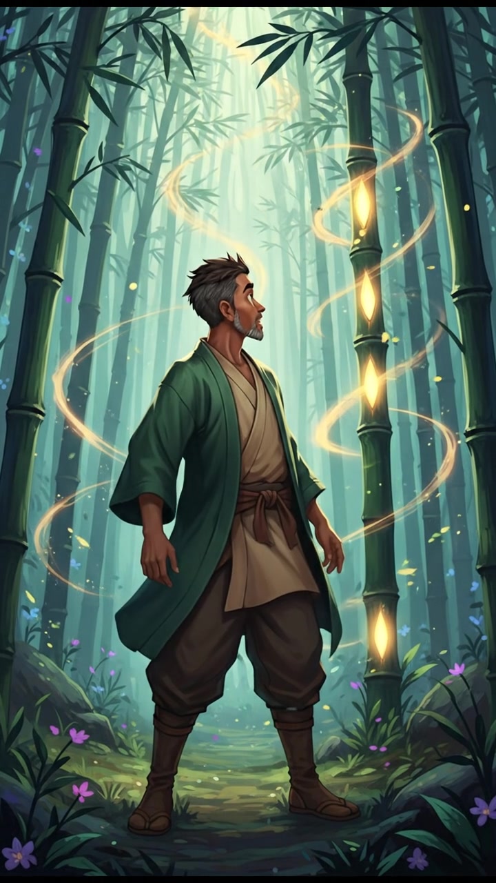 Raj standing in a forest, gazing at a glowing bamboo stalk surrounded by soft light.