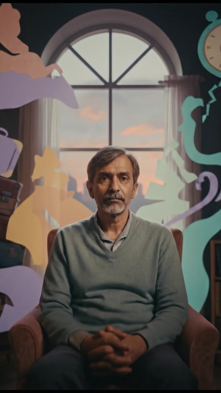 Raj alone in a dimly lit room, looking contemplative as shadows from his past actions loom around.