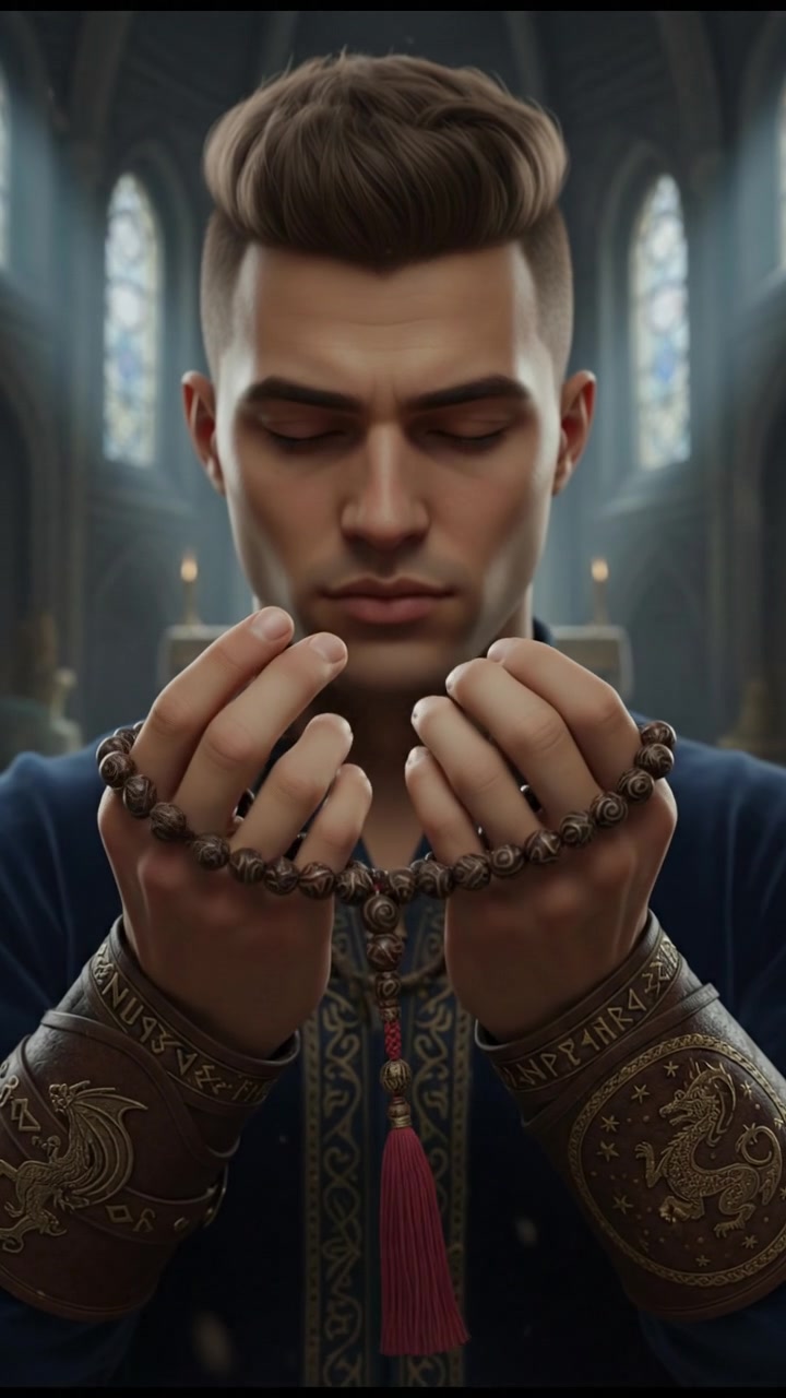 A close-up of Amir holding prayer beads, focusing on his hands as he begins to pray.