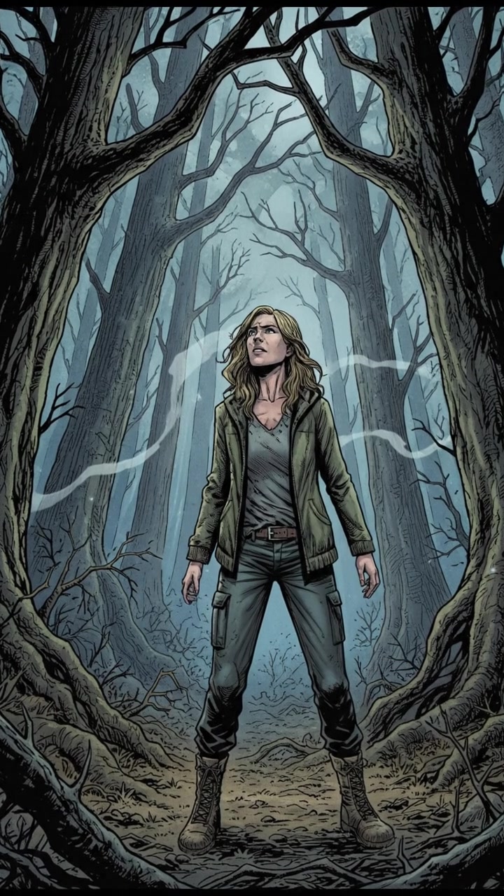 Ashley stands in a dark forest, surrounded by towering trees, calling out into the shadows.