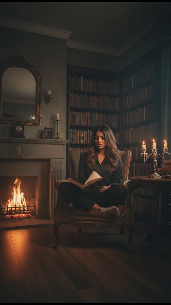 Priya inside a cozy living room, surrounded by books and a warm fireplace.