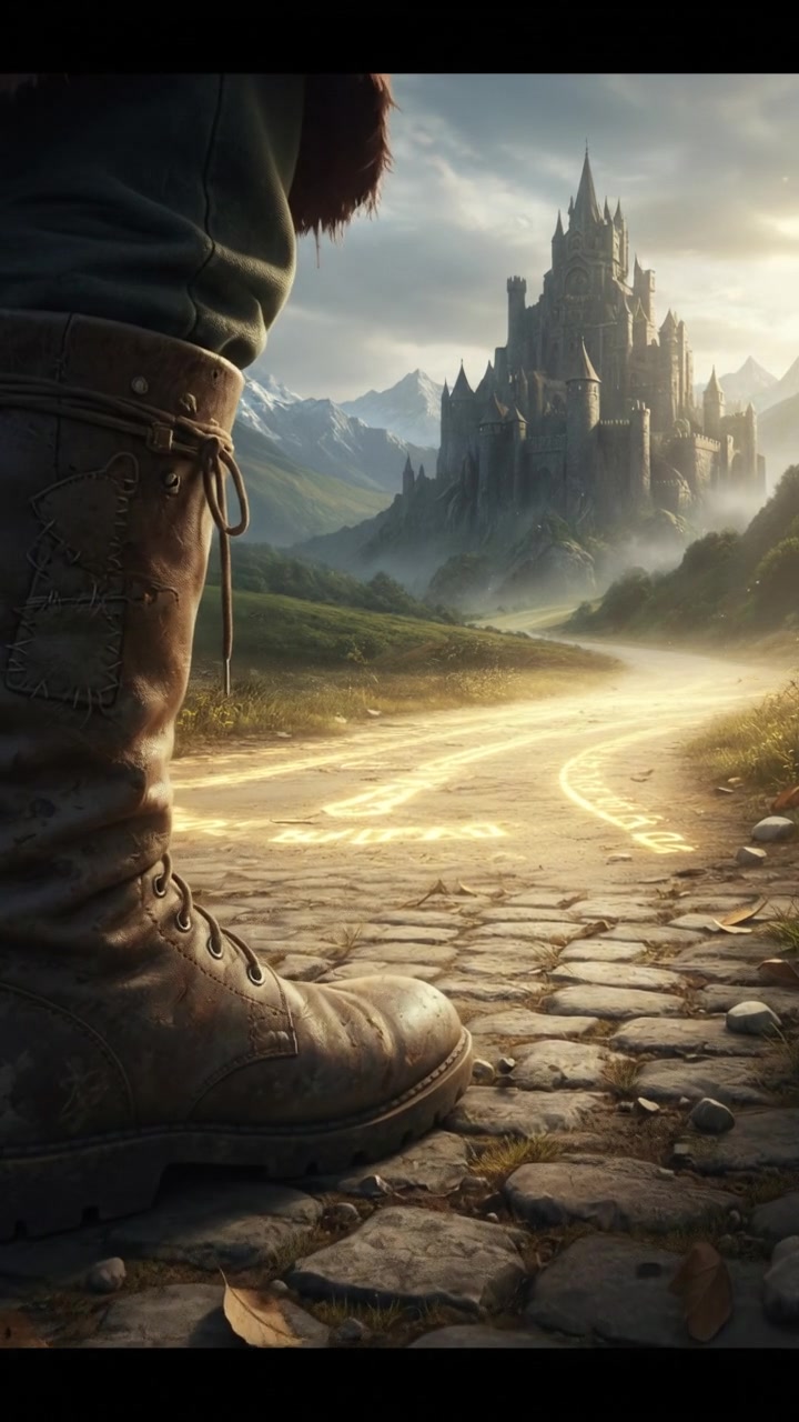 A close-up of Amir's worn-out shoes resting on the ground, with a bright path in front of them.