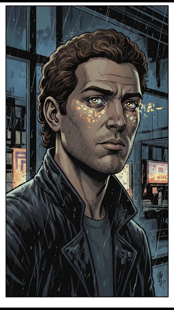 The Mateo gazing out a window at night, with flickering lights reflecting in his eyes.