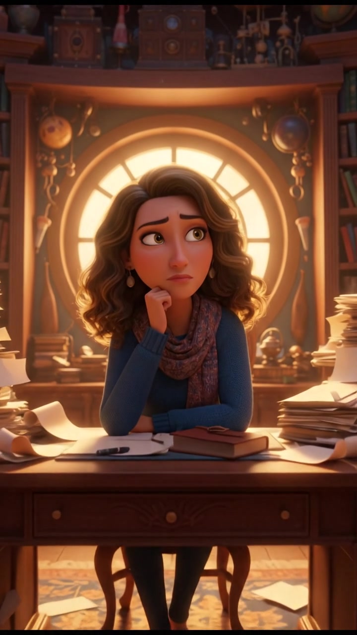 The Dolores with a thoughtful expression, sitting at a desk with a stack of papers in front of her.