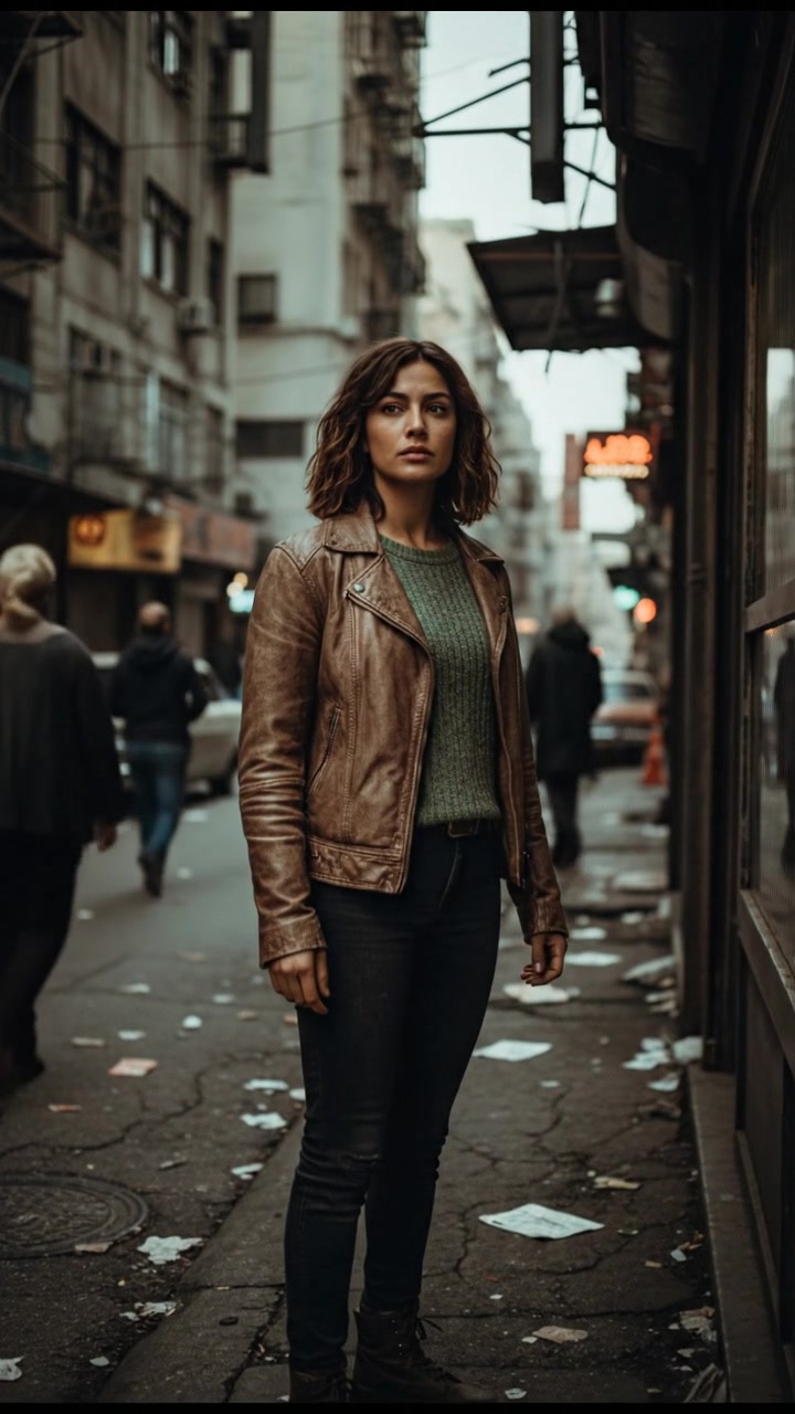 Laila standing confidently on a busy city street, looking ahead.