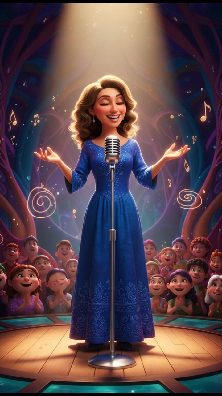 The Dolores standing in front of a microphone on a stage, speaking to an audience with a spotlight shining down.