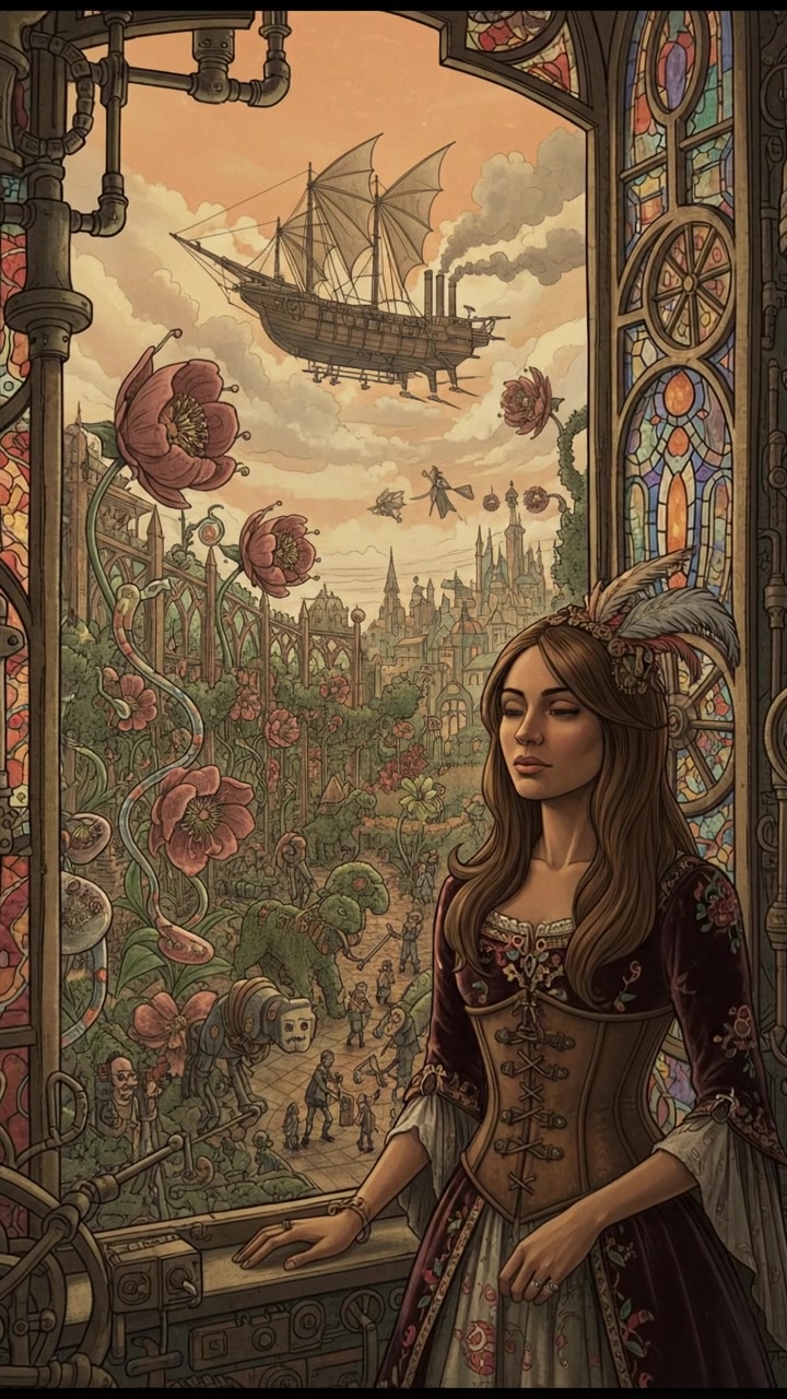 The Priya stands by a window, gazing out with a thoughtful expression, surrounded by a peaceful garden.