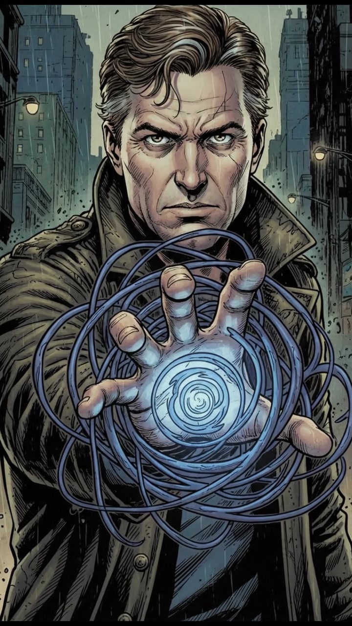 A close-up of The Mark's hand gesturing dramatically, casting a spell with swirling energy around.