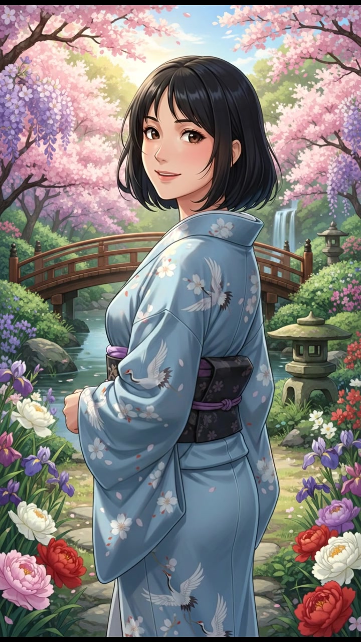 Li standing in a serene garden, looking back with a gentle expression as flowers bloom around her.