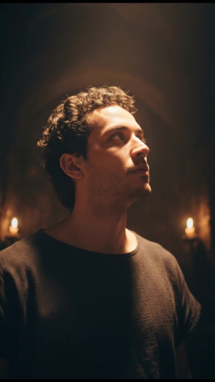 A close-up of the Mateo standing attentively, surrounded by a soft light that seems to illuminate him.