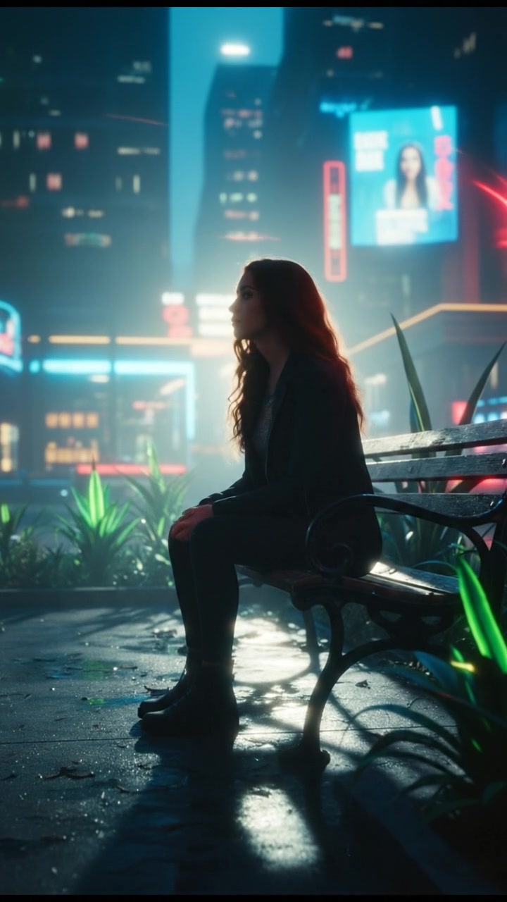 A sunny day with Maya sitting on a park bench, reflecting on her journey.