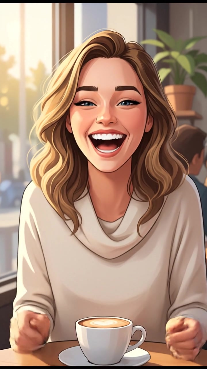 A close-up of the Ashley laughing heartily while sitting at a cafe table with a coffee cup in front of her.