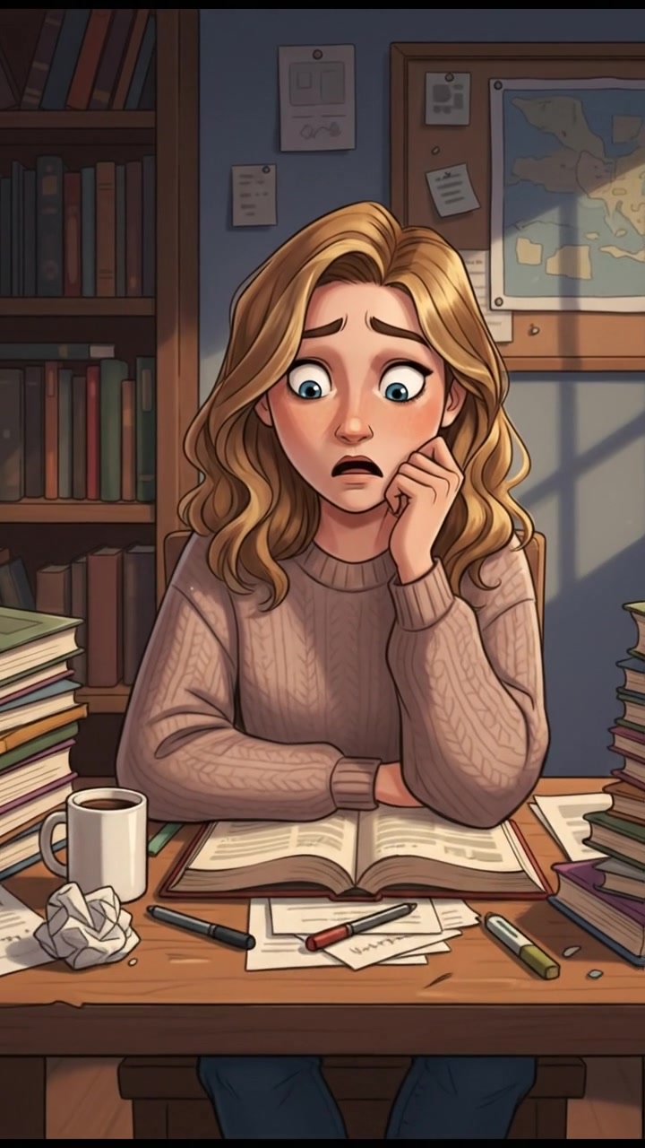 The Ashley sitting at a desk with books and papers scattered around her, looking puzzled.