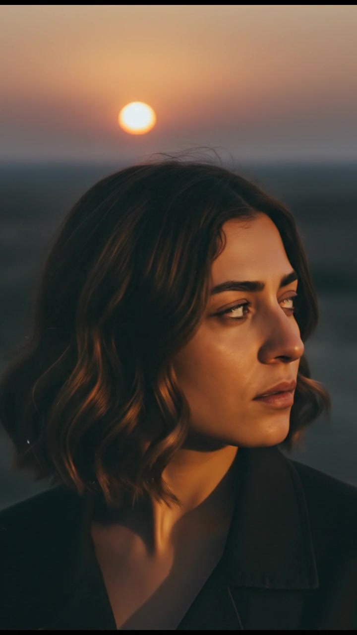 A close-up of Laila looking contemplative, with a backdrop of a sunset-lit horizon.
