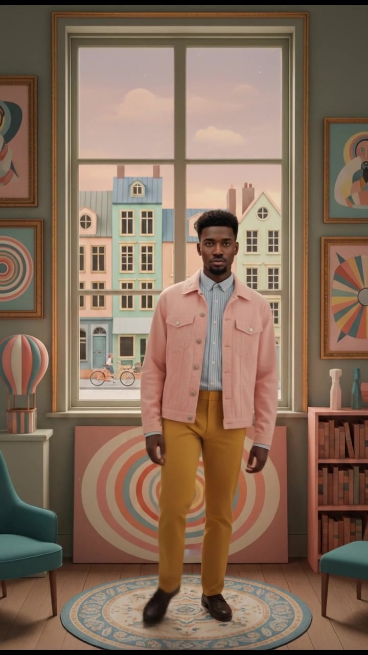 Isaiah standing in front of a window, gazing outside with a thoughtful expression, surrounded by his artwork.