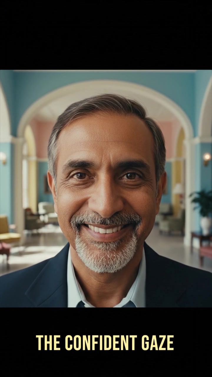 A close-up of Raj's face, showcasing his confident expression as he looks directly at the camera.