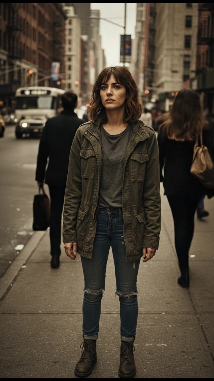 A busy city street with people walking, while Laila stands on the sidewalk observing.