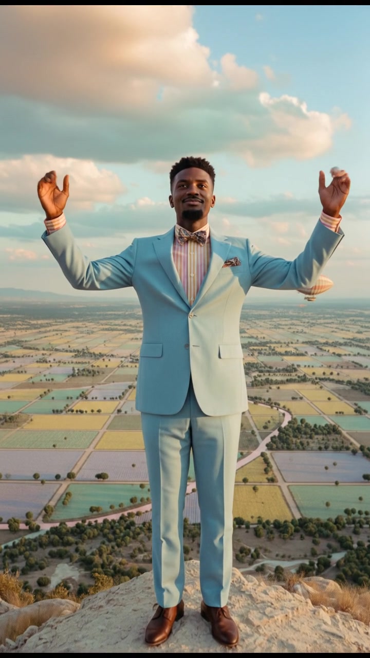 Isaiah standing on a rocky hill overlooking a vast valley, with his arms raised towards the sky.