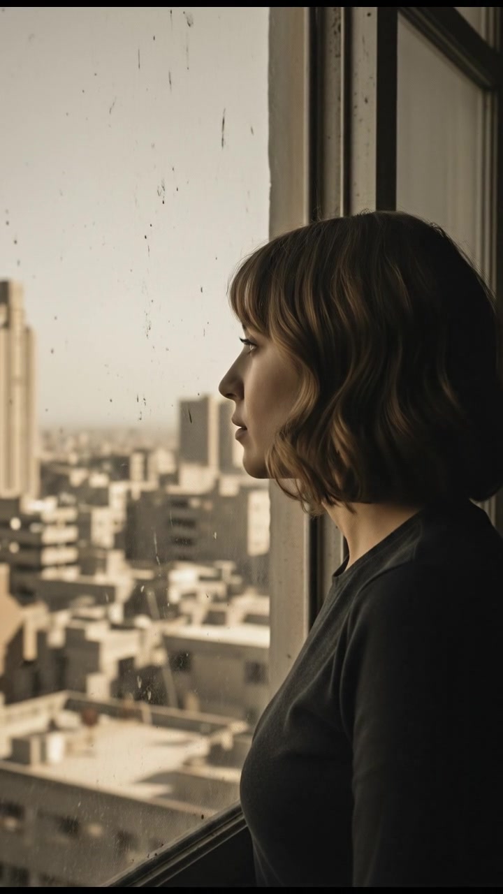 Laila looking out a window at the city skyline, her expression contemplative.