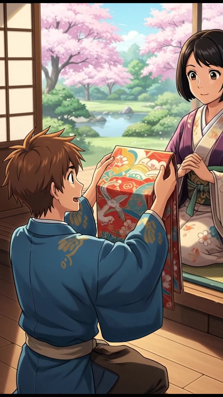 A suitor kneeling before Li, presenting a beautiful silk cloth with intricate patterns.