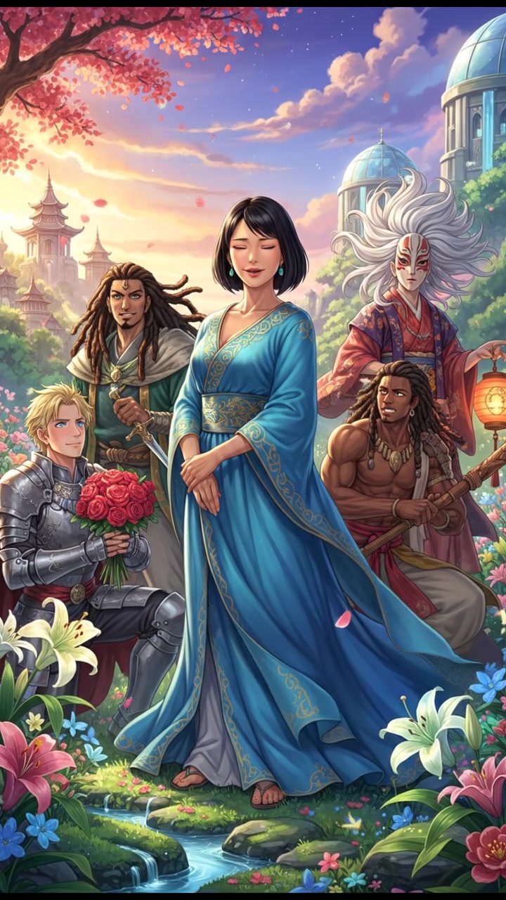 Li, standing gracefully in a blooming garden, surrounded by suitors from different cultures.