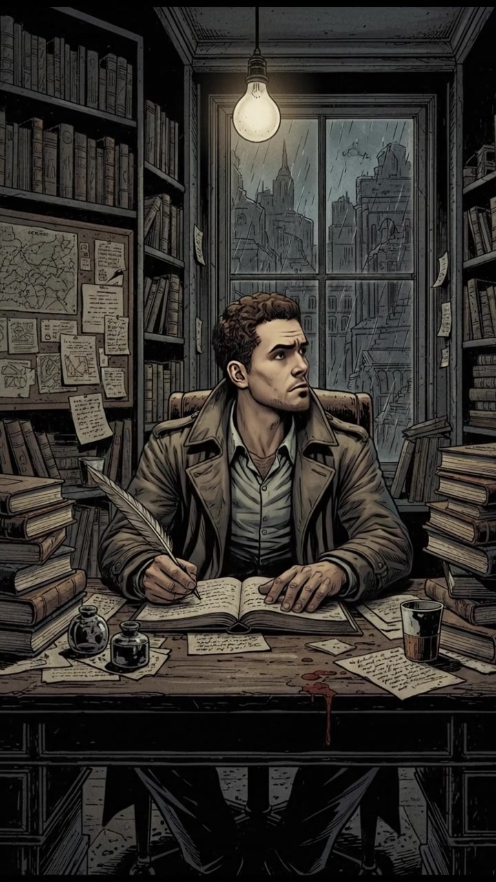 The Mateo sitting at a desk, surrounded by books and papers, focused as he writes.