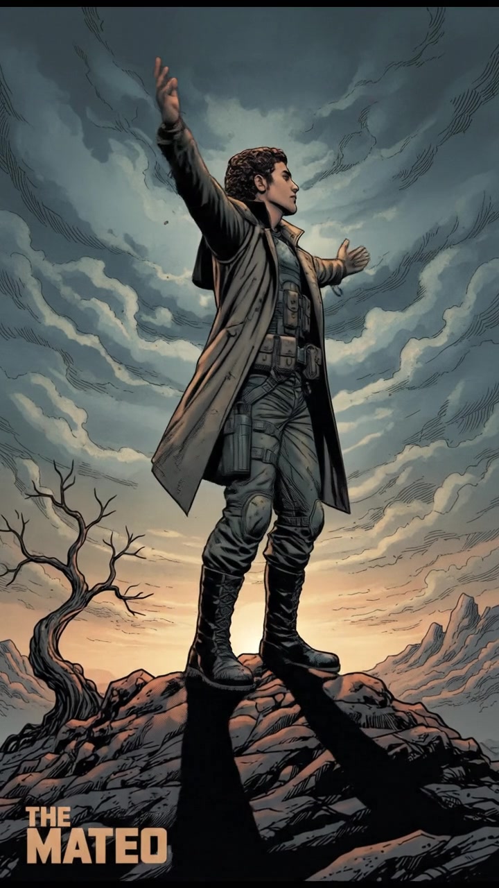 The Mateo standing proudly at the top of a hill, arms raised toward the sky.