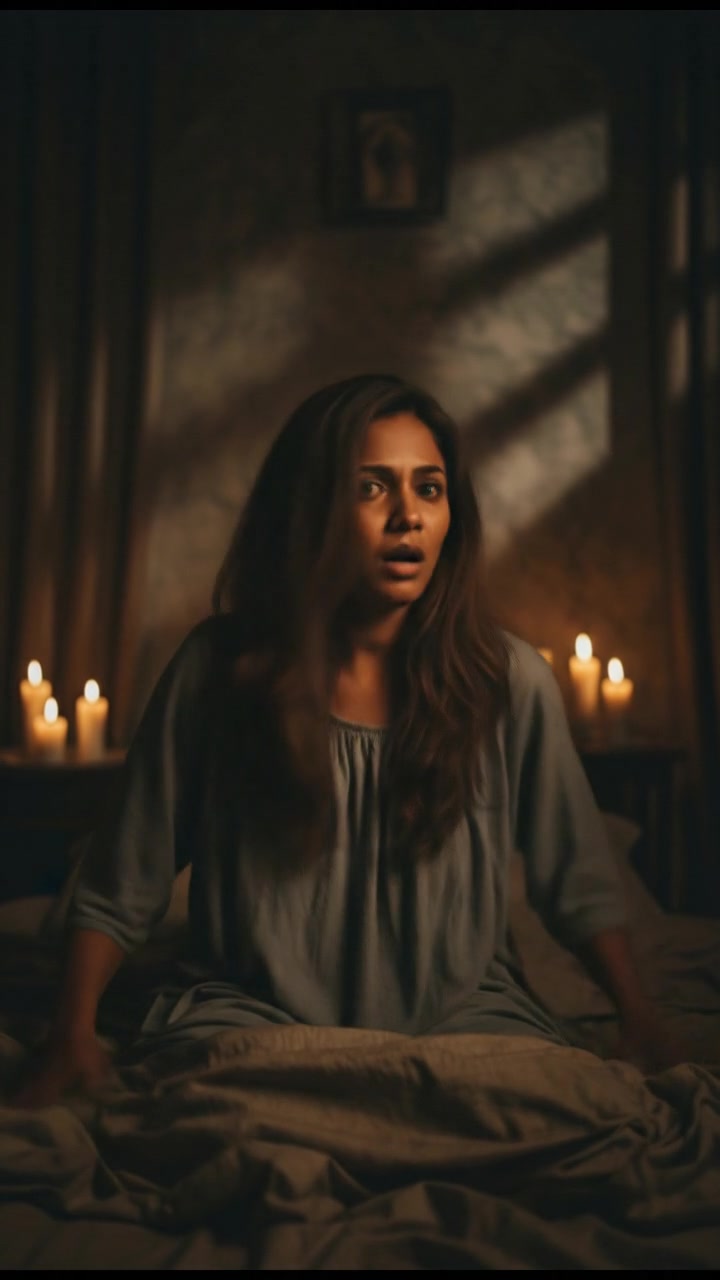 A close-up of Priya sitting up in bed, looking startled, with a dimly lit room around her.