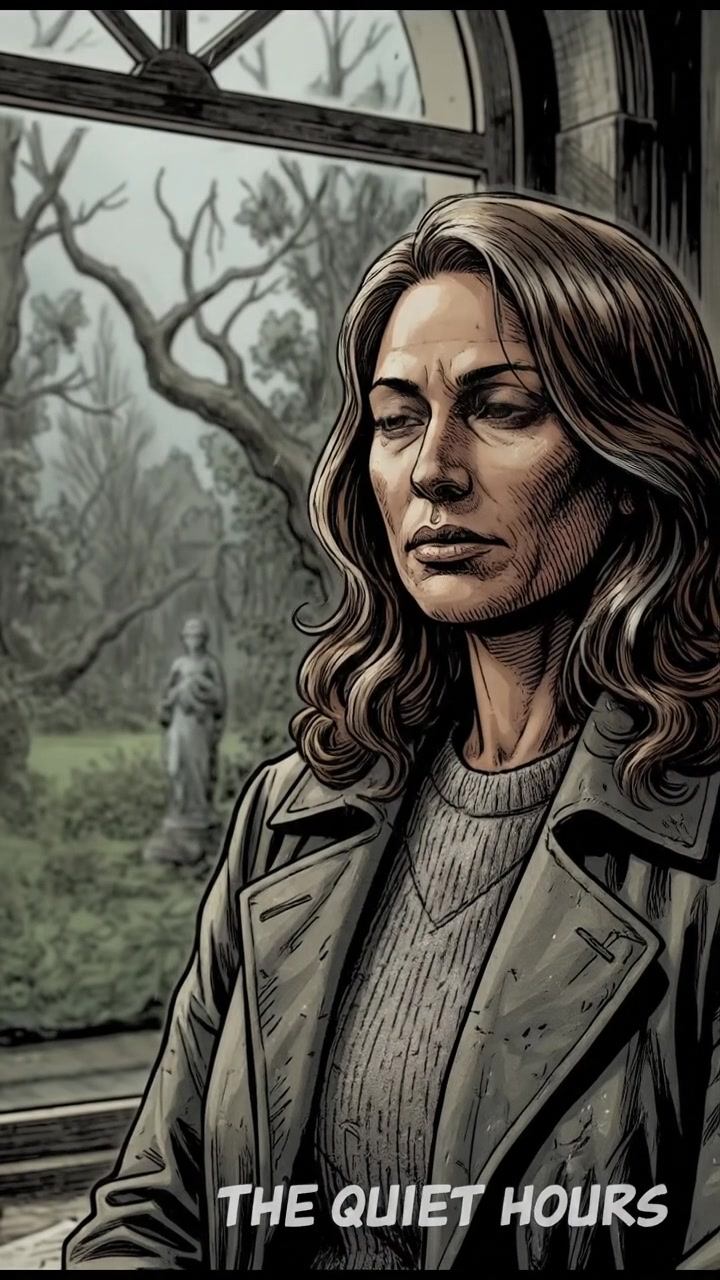 Asha, with a thoughtful expression, sitting next to a window, gazing at a serene garden.