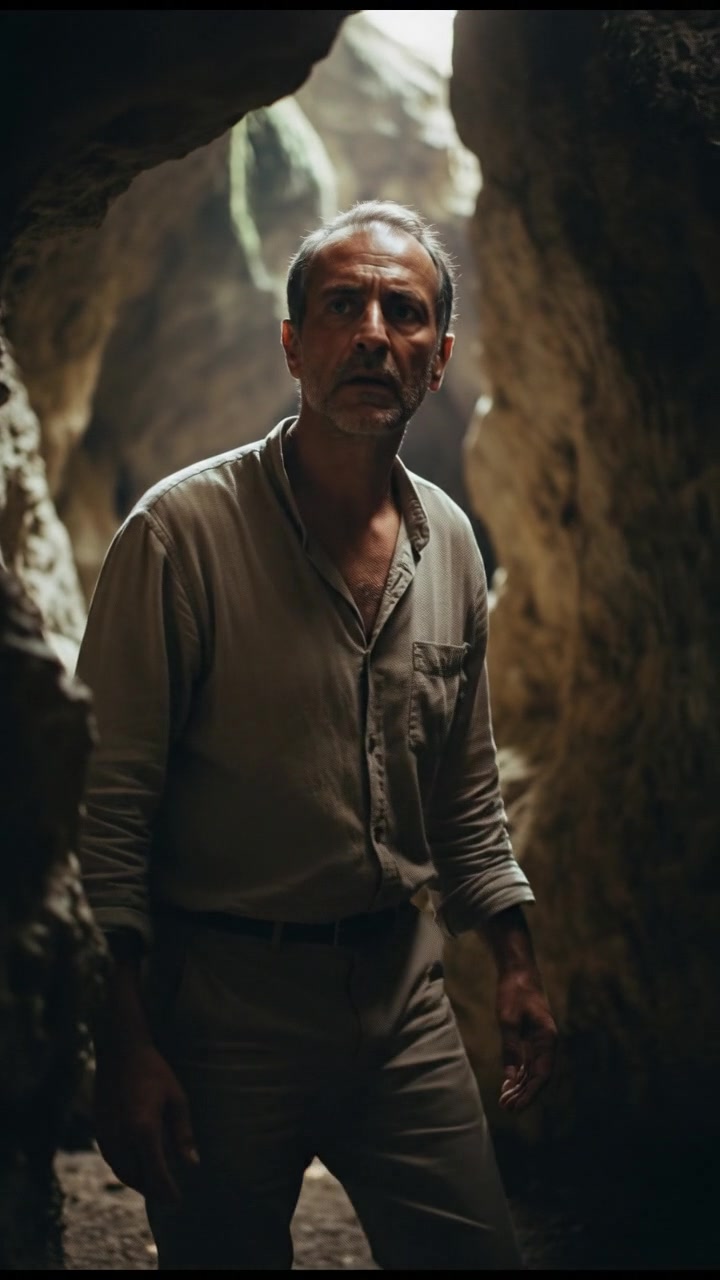 Omar looking confused and hesitant in the cave, surrounded by shadows.
