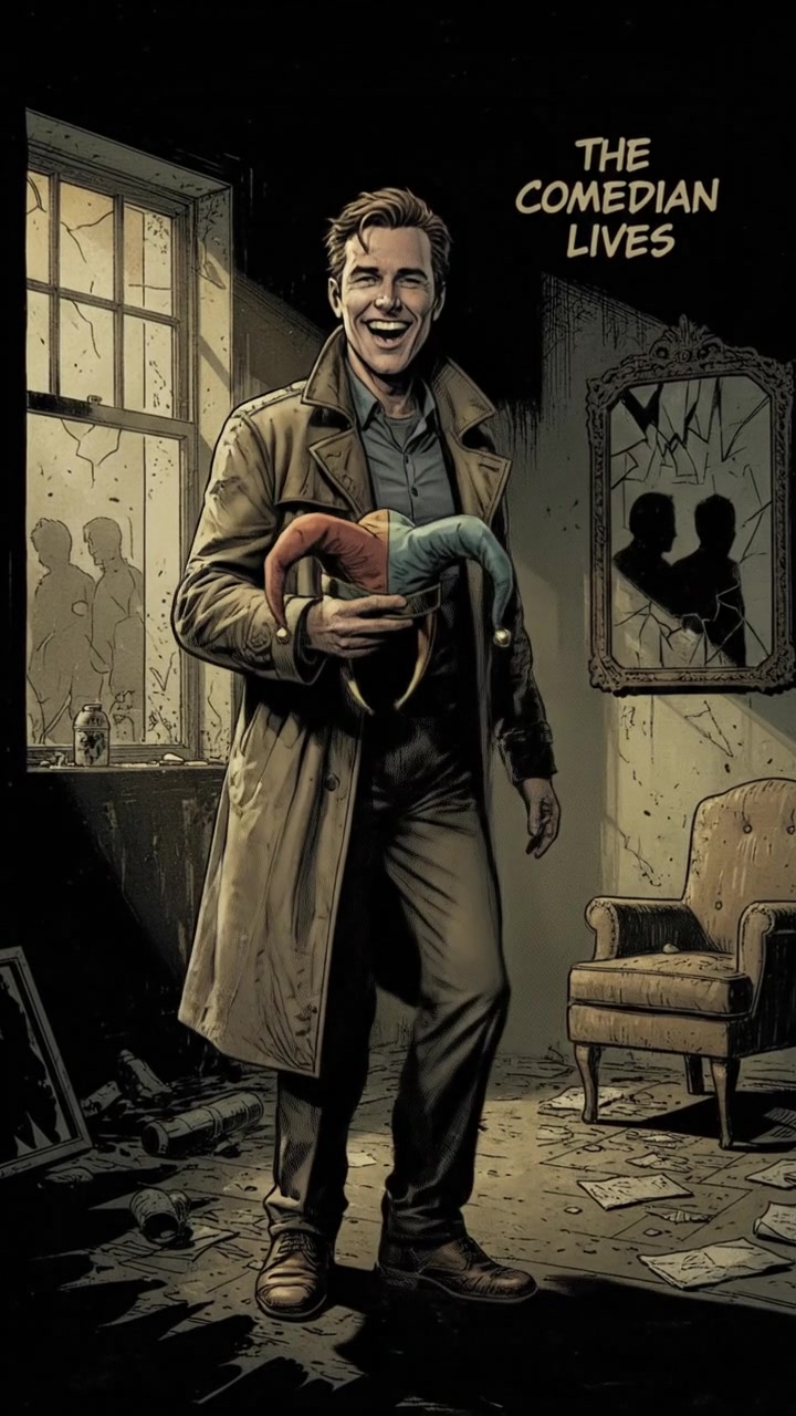 Mark standing in a dimly lit room, grinning widely while holding a colorful jester's hat.