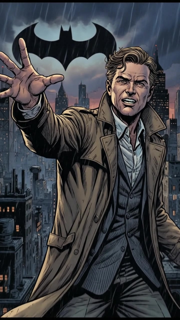 Mark, standing on a rooftop overlooking Gotham, gestures dramatically with the city skyline in the background.