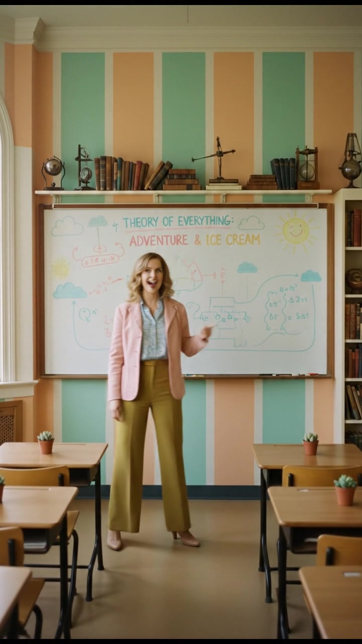 Ashley standing in a classroom, pointing at a whiteboard filled with diagrams.