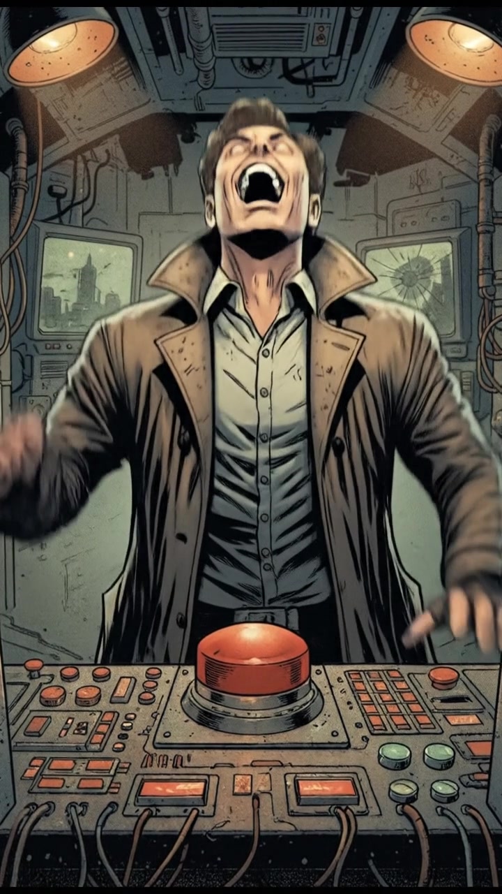 Mark laughing maniacally while pushing a large red button on a control panel.