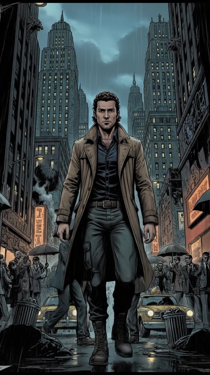 Mateo walking through a busy city street, skyscrapers towering on either side, people bustling around.