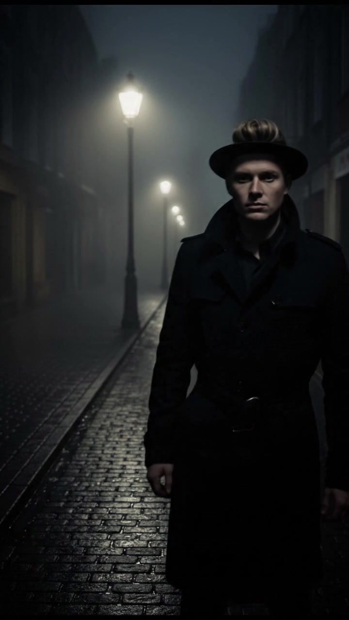 A foggy street at dusk, a shadowy figure of the Ryan stands under a dim streetlight.
