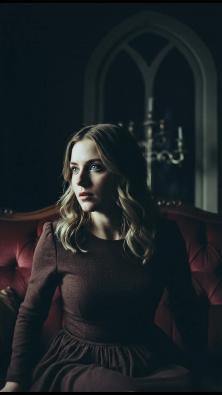 A close-up of Ashley sitting on a couch, her head turned slightly as if sensing something nearby.