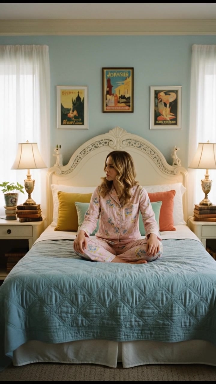 A cozy bedroom with soft lighting, featuring Ashley sitting on her bed with a thoughtful expression.