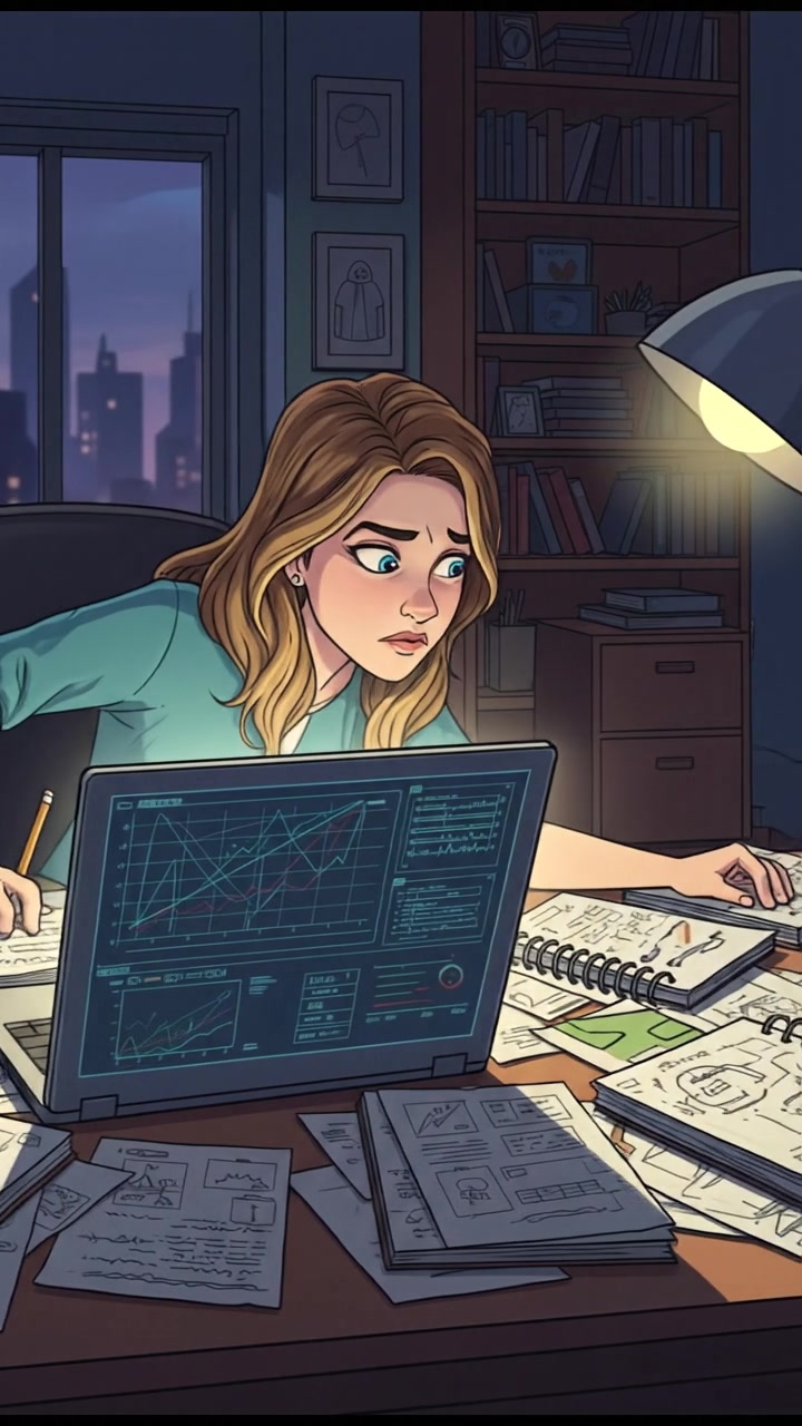 The Ashley, sitting at a desk surrounded by notebooks, frowning at a laptop screen displaying complex graphs.