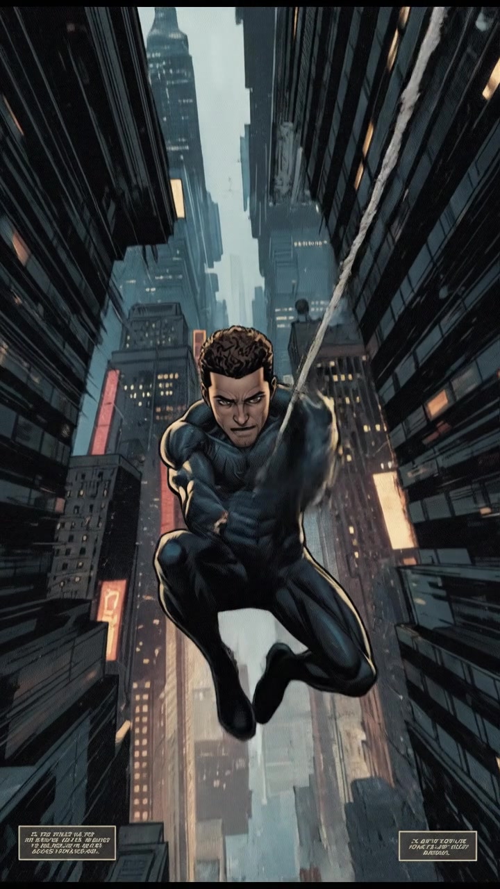 Mateo swinging on a web through the city, with skyscrapers rushing past.