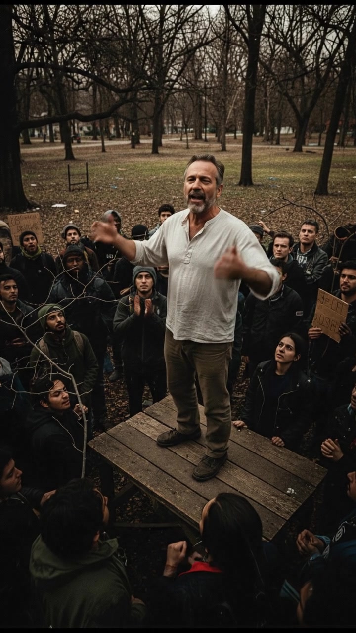 Omar standing on a wooden platform, passionately speaking to a crowd of diverse followers in a park.